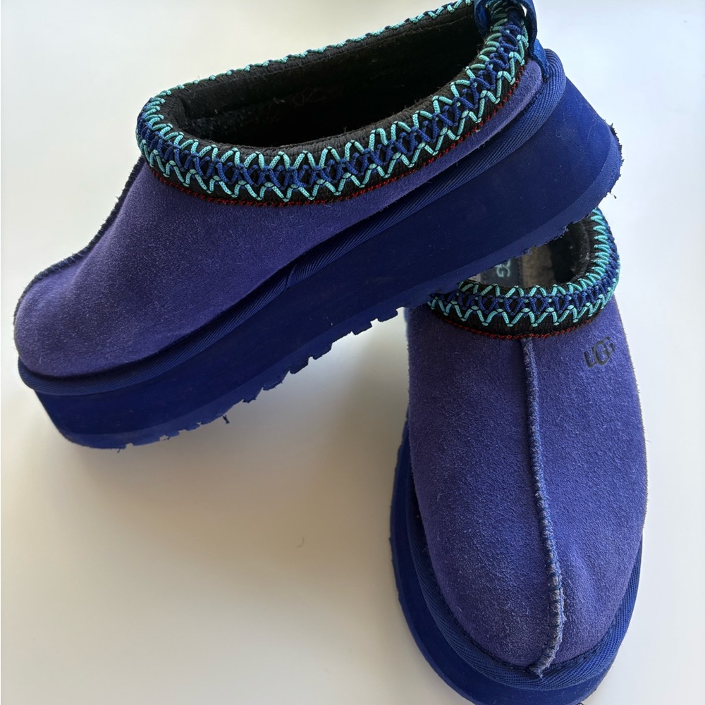 UGG Tazz Purple Suede Platform Clogs with Blue Accents